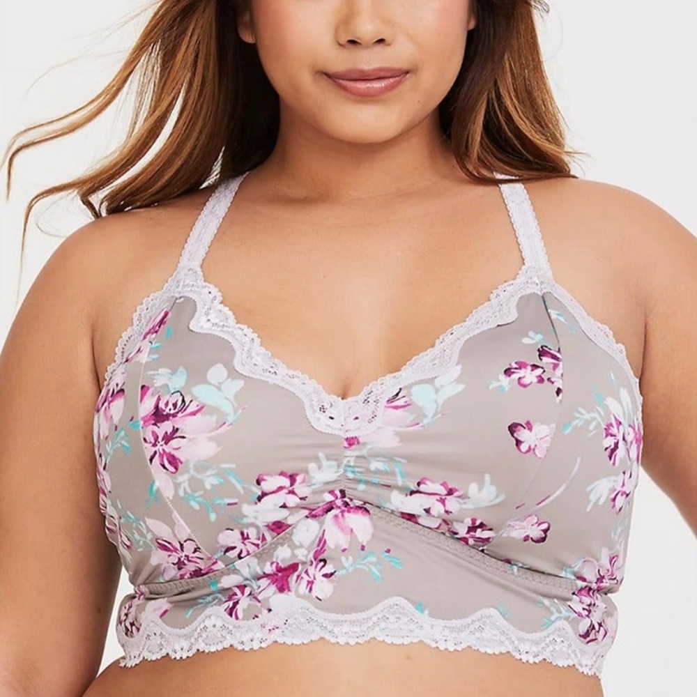 Torrid Gray & Pink Floral Microfiber Lace Bralette Wireless Bra Plus Size 3 3